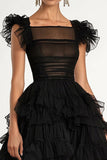 Negro A Línea A Mangas planas Volantes Tulle Vestido formal largo té