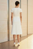 Vestido formal midi lápiz recto ajustado con cuello redondo blanco