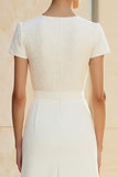 Vestido formal midi lápiz recto ajustado con cuello redondo blanco