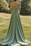 Vestido formal delgado con hombros descubiertos de salvia y dobladillo ancho