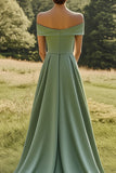 Vestido formal delgado con hombros descubiertos de salvia y dobladillo ancho