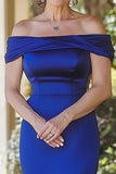 Sirena azul real con hombros fruncidos largo madre de la novia vestido