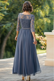 Vestido largo azul empolvado corte A de encaje con mangas 3/4 para madre de la novia