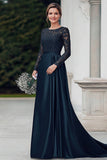 Vestido Madre de la Novia Madre de la Novia de Encaje Satén Azul Marino con Manga Larga