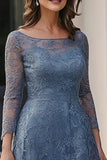 Vestido midi de manga larga de encaje azul empolvado
