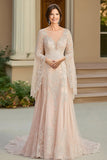 Elegante Beige A Line Flutter Sleeve Madre De Vestido De Novia Con Apliques De Encaje