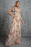Vestido de fiesta largo con escote en V con estampado floral claro de color caqui