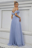 Tul azul con hombros descubiertos Vestido formal de línea A