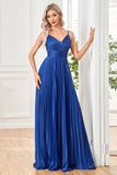 Vestido formal largo plisado con tirantes de espagueti fucsia brillante