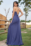 Vestido formal fruncido con corsé de tirantes de espagueti sirena azul marino brillante con abertura