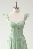A Line Green Flower Ruffles Tirantes Vestido de Fiesta Corsé Largo con Frente Dividido