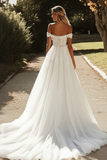 Glitter A Line Off the Shoulder Vestido de novia de tul marfil con apliques