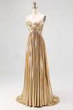 Vestido de fiesta largo plisado de satén con corte A dorado y sin tirantes