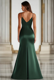 Tirantes de espagueti verde oscuro Vestido de baile militar largo de satén
