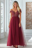 Borgoña A Line Tulle Encaje Off El Hombro Madre De La Novia Vestido