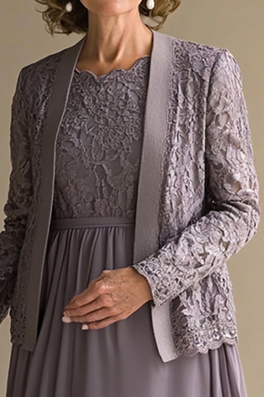 Vintage Malva A-Line Scoop Lace Top Gasa hasta la rodilla Vestido de la madre de la novia con chaqueta de encaje