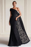 Vaina de un hombro Vestido negro de la madre de la novia con capa de encaje