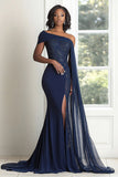 Elegante apliques de sirena azul marino de un hombro Gasa larga madre de la novia con capa