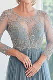 Elegante aplique de tul scoop azul empolvado de línea A larga madre de la novia
