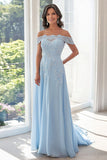 Azul Cielo Una Línea De Hombros Vestido De La Madre De La Novia De Gasa Con Apliques