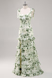 Flor verde Una línea Cuello cuadrado Vestido largo de dama de honor con volantes con abertura