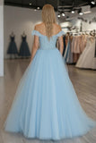 Vestido de fiesta de tul princesa con hombros descubiertos azul cielo con apliques de encaje