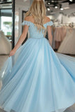 Vestido de fiesta de tul princesa con hombros descubiertos azul cielo con apliques de encaje