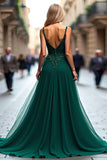 Vestido largo de fiesta de tul verde oscuro con apliques de encaje