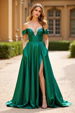Vestido de fiesta largo de satén verde oscuro con bolsillos