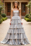 Vestido de fiesta largo de tafetán plateado A Line con volantes