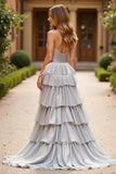 Vestido de fiesta largo de tafetán plateado A Line con volantes
