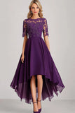 Vestido de encaje A Line morado madre de la novia con mangas cortas