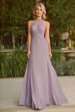 Vestido largo de encaje halter lila madre de la novia
