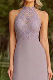 Vestido largo de encaje halter lila madre de la novia