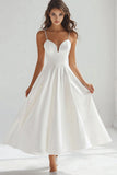 Vestido largo de graduación con tirantes de espagueti de línea A blanco