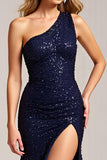 Vestido de fiesta largo de lentejuelas de lentejuelas azul marino brillante con abertura