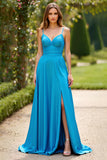 Vestido de fiesta largo de gasa con tirantes finos de línea A azul con abertura