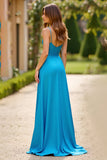 Vestido de fiesta largo de gasa con tirantes finos de línea A azul con abertura