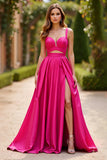 Fucsia A Line Tirantes De Espagueti Vestido Largo De Fiesta Largo De Satén Con Abertura