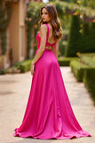 Fucsia A Line Tirantes De Espagueti Vestido Largo De Fiesta Largo De Satén Con Abertura