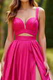 Fucsia A Line Tirantes De Espagueti Vestido Largo De Fiesta Largo De Satén Con Abertura