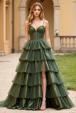 Vestido de fiesta largo con tirantes de espagueti verde oliva con abertura