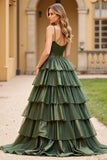 Vestido de fiesta largo con tirantes de espagueti verde oliva con abertura