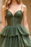 Vestido de fiesta largo con tirantes de espagueti verde oliva con abertura