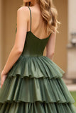 Vestido de fiesta largo con tirantes de espagueti verde oliva con abertura