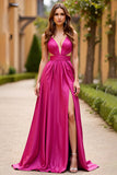 Fucsia A Line Vestido de Fiesta Largo Fruncido Con Escote En V Profundo Con Abertura
