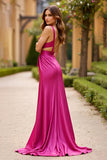 Fucsia A Line Vestido de Fiesta Largo Fruncido Con Escote En V Profundo Con Abertura