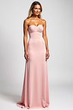 Novia de satén rosa Una línea Vestido largo de dama de honor