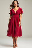 Vestido rojo de gasa con cuello en V A Line Madre De La Novia
