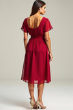 Vestido rojo de gasa con cuello en V A Line Madre De La Novia
